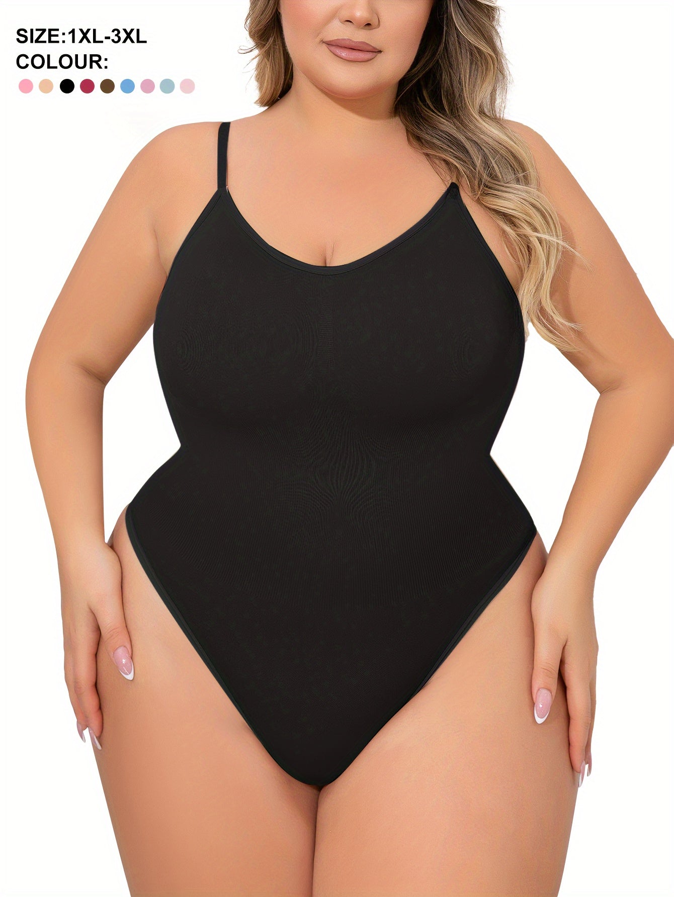 Plus Size Women's Adjustable Strap Bodysuit, One-piece Thong Bodysuit, Seamless Solid Color Bodysuit, Women's Underwear And Shapewear