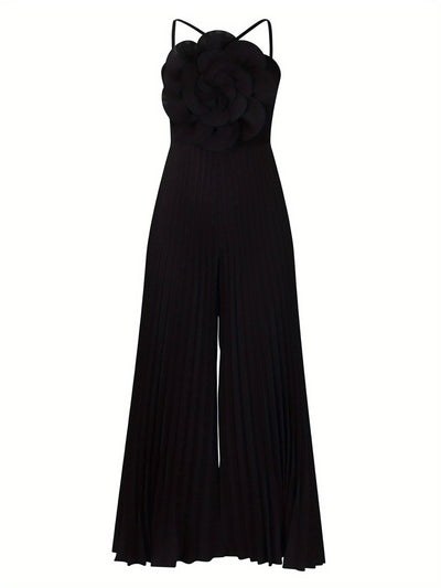 Women'S European And American Summer Hanging Neck Three-Dimensional Flower Solid Color Wide Leg Plus Size Foreign Trade Jumpsuit