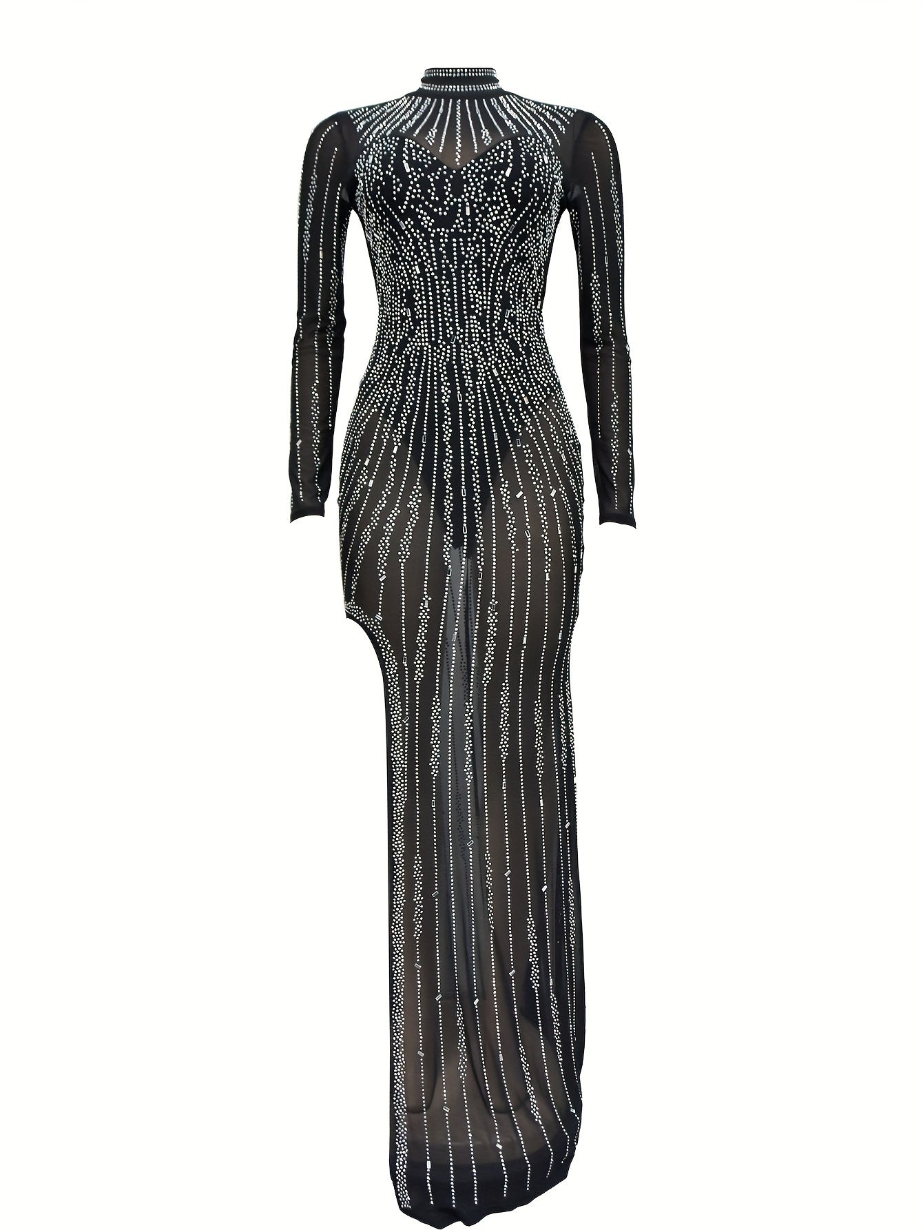 Rhinestone Split Hem Bodycon Asymmetrical Dress, Elegant Mock Neck Long Sleeve Dress For Wedding Party, Women's Clothing