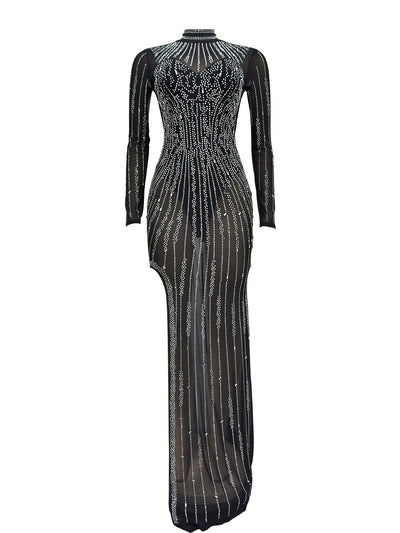 Rhinestone Split Hem Bodycon Asymmetrical Dress, Elegant Mock Neck Long Sleeve Dress For Wedding Party, Women's Clothing