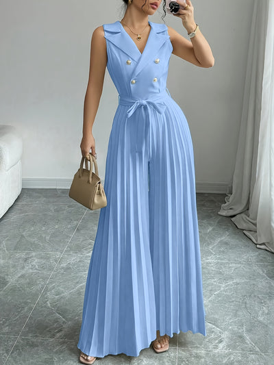 Elegant Apricot Double-Breasted Pleated Jumpsuit for Women - High-Waisted, Sleeveless, Polyester Blend, Perfect for Spring & Fall, Adult Size, Elegant Attire|Sleek Fitted Jumpsuit|Polyester Blend Jumpsui