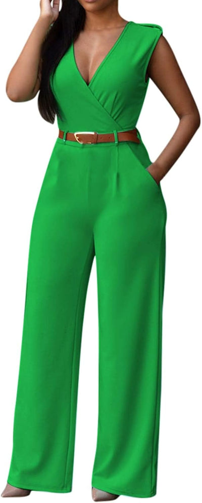 Pink Queen Jumpsuits for Women Dressy V Neck Sleeveless Wide Leg Long Pants Rompers
