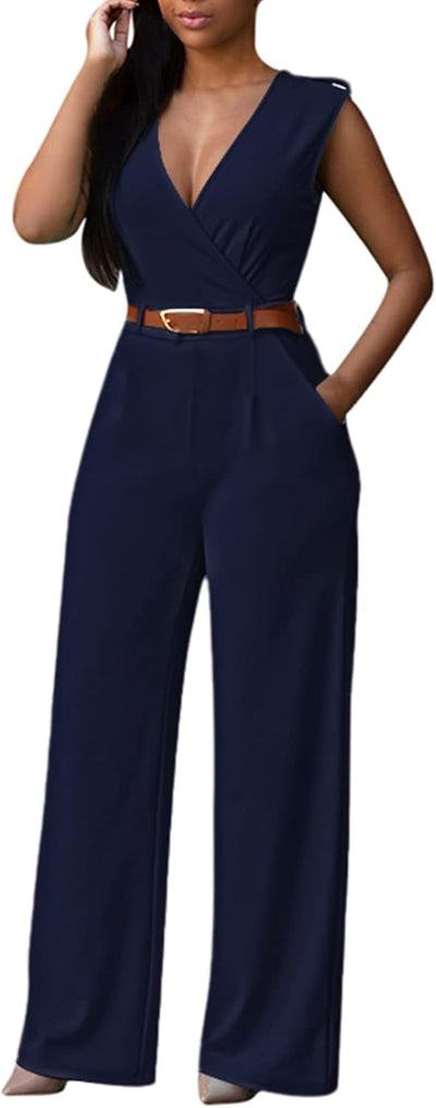 Pink Queen Jumpsuits for Women Dressy V Neck Sleeveless Wide Leg Long Pants Rompers
