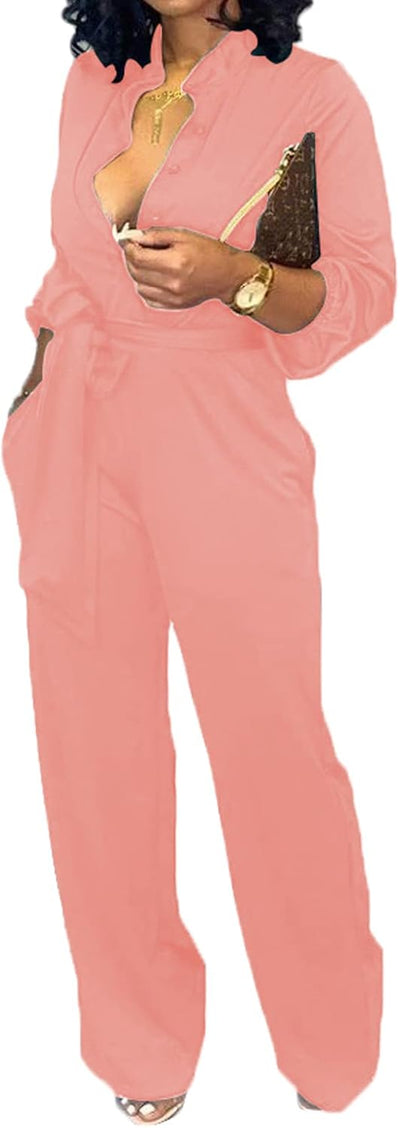 Women Jumpsuits Elegant Sexy V Neck Long Sleeve Casual for Work Wide Leg Pants with Pockets Belt