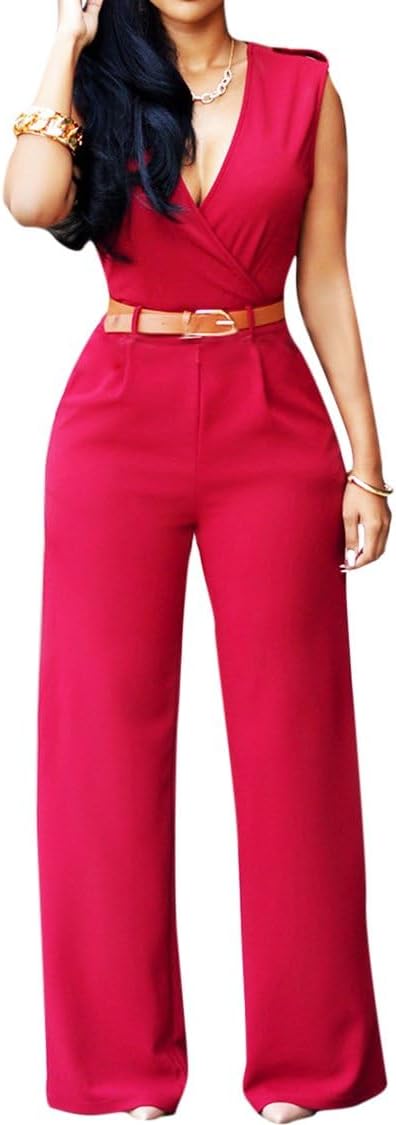 Pink Queen Jumpsuits for Women Dressy V Neck Sleeveless Wide Leg Long Pants Rompers