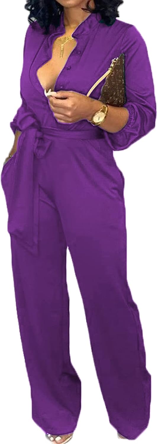 Women Jumpsuits Elegant Sexy V Neck Long Sleeve Casual for Work Wide Leg Pants with Pockets Belt