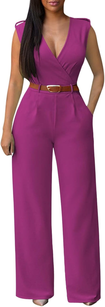 Pink Queen Jumpsuits for Women Dressy V Neck Sleeveless Wide Leg Long Pants Rompers