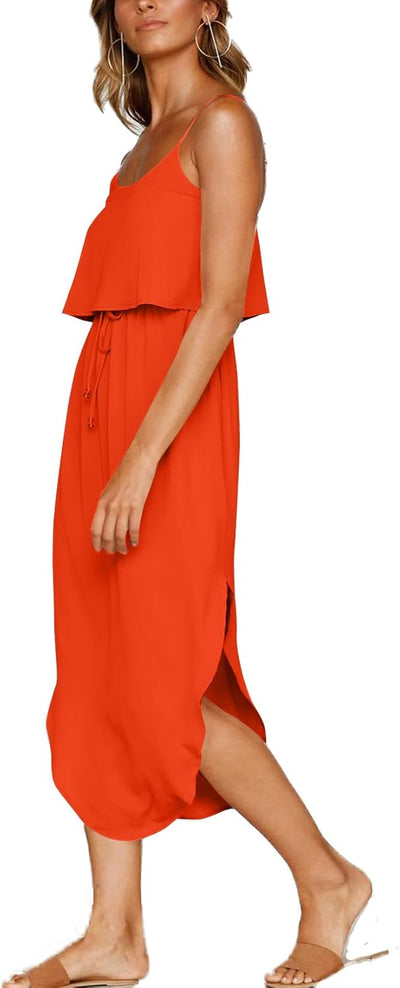 Women's Adjustable Strappy Split Summer Beach Casual Midi Dress