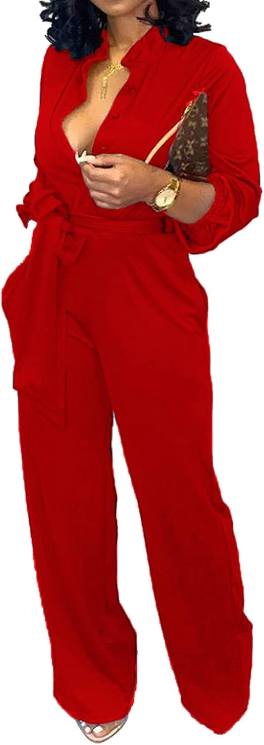 Women Jumpsuits Elegant Sexy V Neck Long Sleeve Casual for Work Wide Leg Pants with Pockets Belt