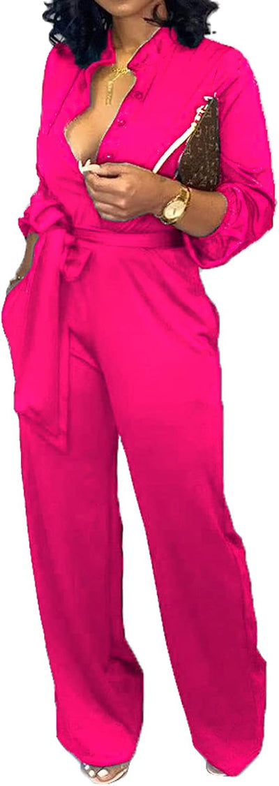 Women Jumpsuits Elegant Sexy V Neck Long Sleeve Casual for Work Wide Leg Pants with Pockets Belt
