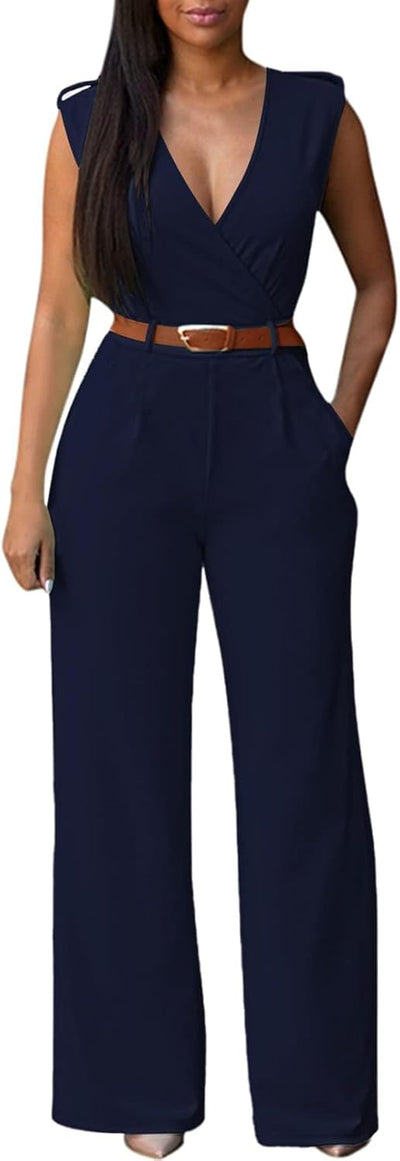 Pink Queen Jumpsuits for Women Dressy V Neck Sleeveless Wide Leg Long Pants Rompers