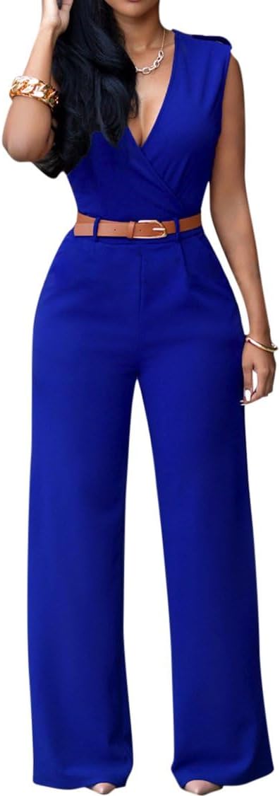 Pink Queen Jumpsuits for Women Dressy V Neck Sleeveless Wide Leg Long Pants Rompers
