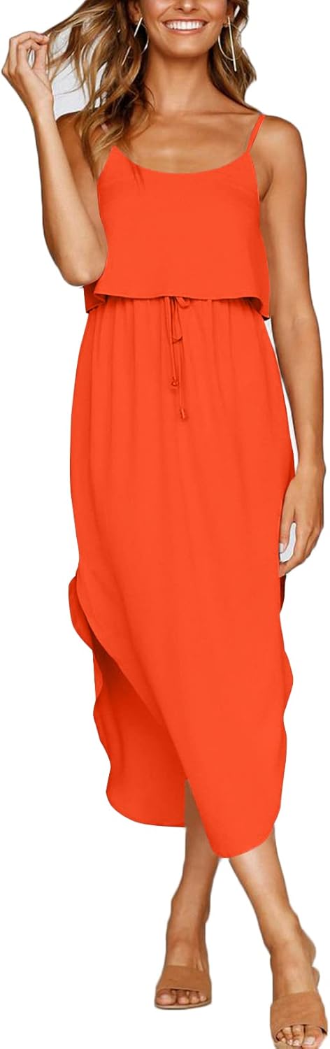 Women's Adjustable Strappy Split Summer Beach Casual Midi Dress