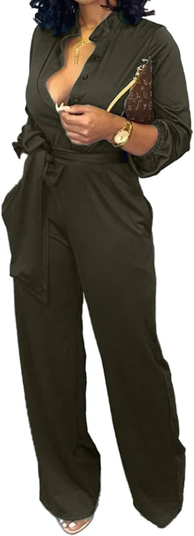 Women Jumpsuits Elegant Sexy V Neck Long Sleeve Casual for Work Wide Leg Pants with Pockets Belt