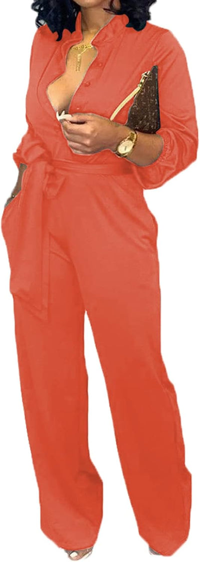 Women Jumpsuits Elegant Sexy V Neck Long Sleeve Casual for Work Wide Leg Pants with Pockets Belt