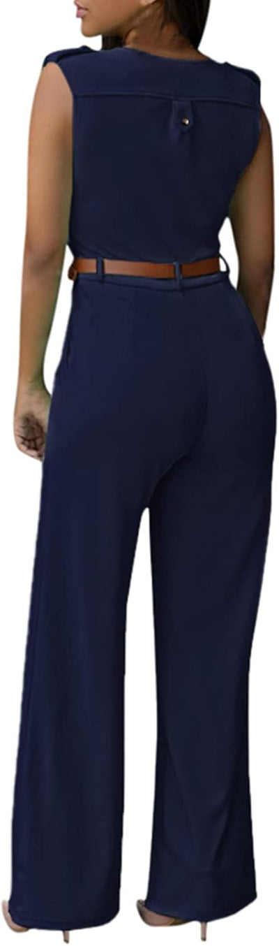 Pink Queen Jumpsuits for Women Dressy V Neck Sleeveless Wide Leg Long Pants Rompers