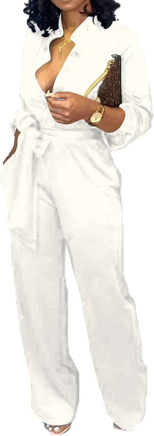 Women Jumpsuits Elegant Sexy V Neck Long Sleeve Casual for Work Wide Leg Pants with Pockets Belt