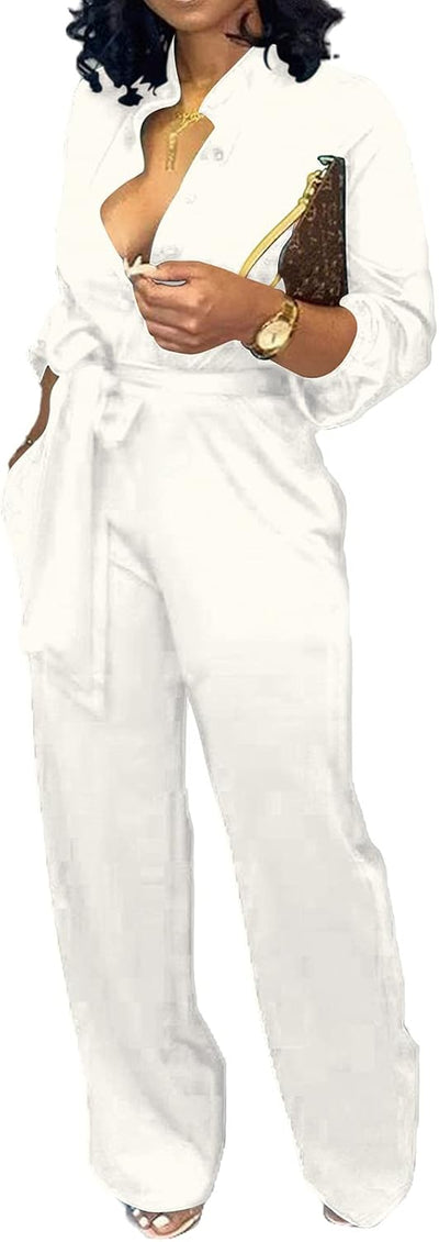 Women Jumpsuits Elegant Sexy V Neck Long Sleeve Casual for Work Wide Leg Pants with Pockets Belt
