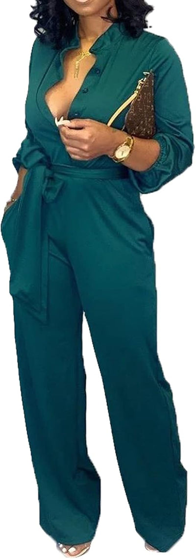 Women Jumpsuits Elegant Sexy V Neck Long Sleeve Casual for Work Wide Leg Pants with Pockets Belt