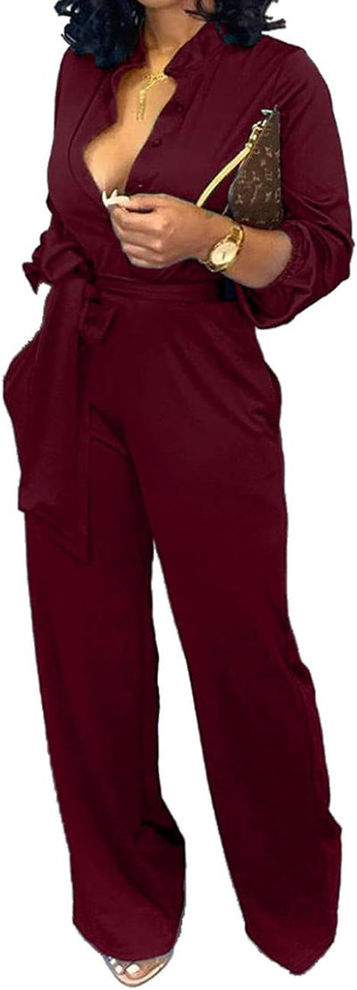 Women Jumpsuits Elegant Sexy V Neck Long Sleeve Casual for Work Wide Leg Pants with Pockets Belt