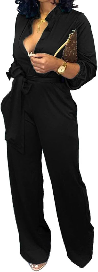 Women Jumpsuits Elegant Sexy V Neck Long Sleeve Casual for Work Wide Leg Pants with Pockets Belt