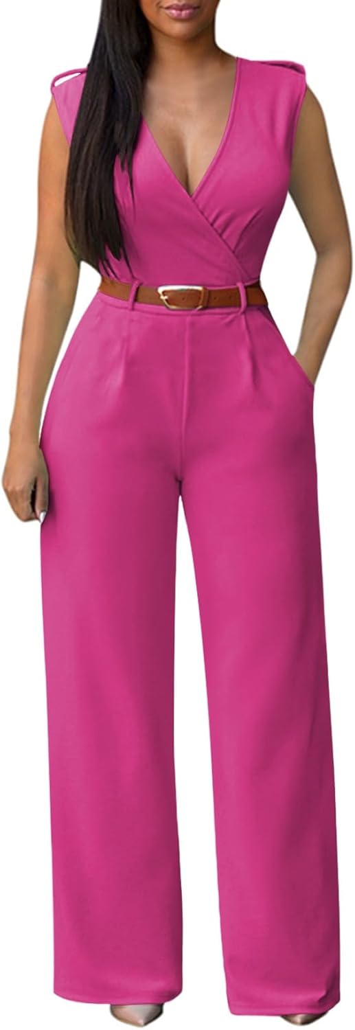 Pink Queen Jumpsuits for Women Dressy V Neck Sleeveless Wide Leg Long Pants Rompers