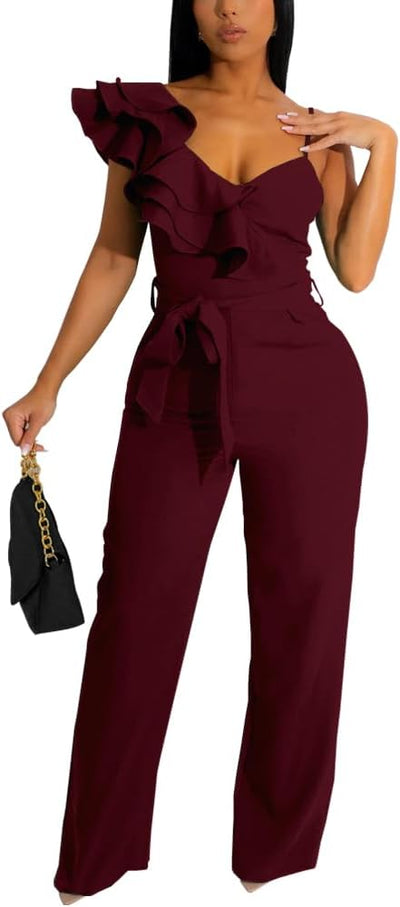 Womens Casual One Piece Jumpsuits V-Neck Sleeveless Ruffle Elegant Romper Wide Leg Pant Sexy Party Clubwear Overalls