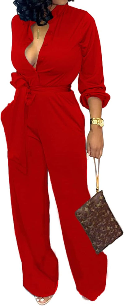 Women Jumpsuits Elegant Sexy V Neck Long Sleeve Casual for Work Wide Leg Pants with Pockets Belt