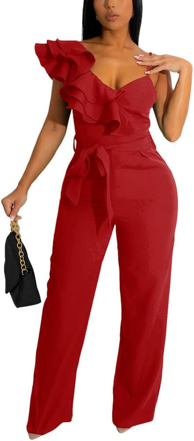 Womens Casual One Piece Jumpsuits V-Neck Sleeveless Ruffle Elegant Romper Wide Leg Pant Sexy Party Clubwear Overalls