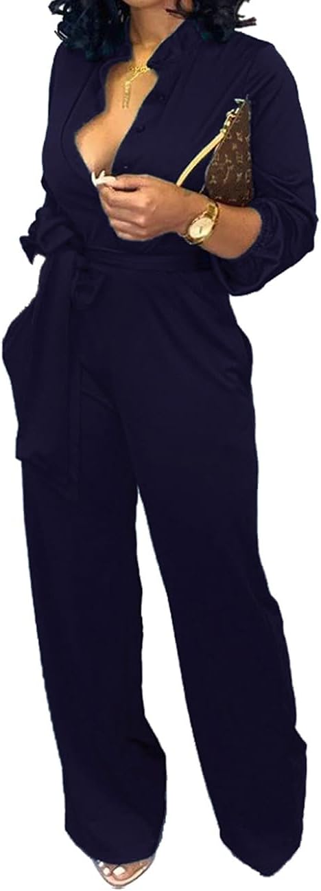 Women Jumpsuits Elegant Sexy V Neck Long Sleeve Casual for Work Wide Leg Pants with Pockets Belt