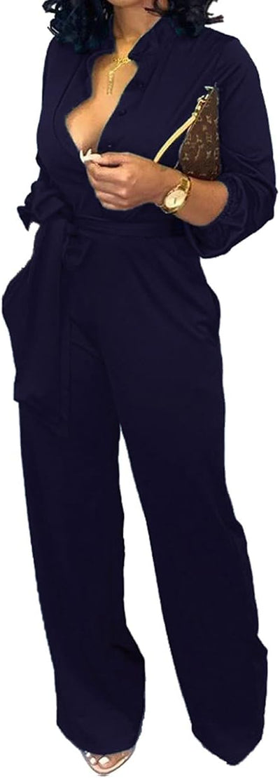 Women Jumpsuits Elegant Sexy V Neck Long Sleeve Casual for Work Wide Leg Pants with Pockets Belt