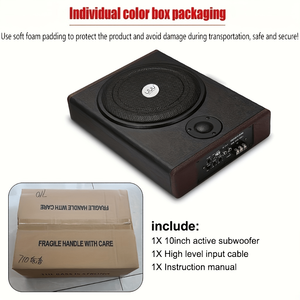 10 Inch 600 Car Audio Slim Under-Seat Subwoofer High Power Car Active Sub Bass Speaker Kit with Treble Function Built-in Power Amplifier for Car Truck SUV RV, Without Battery