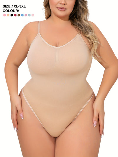 Plus Size Women's Adjustable Strap Bodysuit, One-piece Thong Bodysuit, Seamless Solid Color Bodysuit, Women's Underwear And Shapewear
