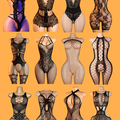 Random shipment, 12 black mesh underwear randomly unlocked one piece, randomly unlocked one lace full body jumpsuit, - sexy tight semi transparent black underwear, tempting clothing | vest jumpsuit | unforgettable night