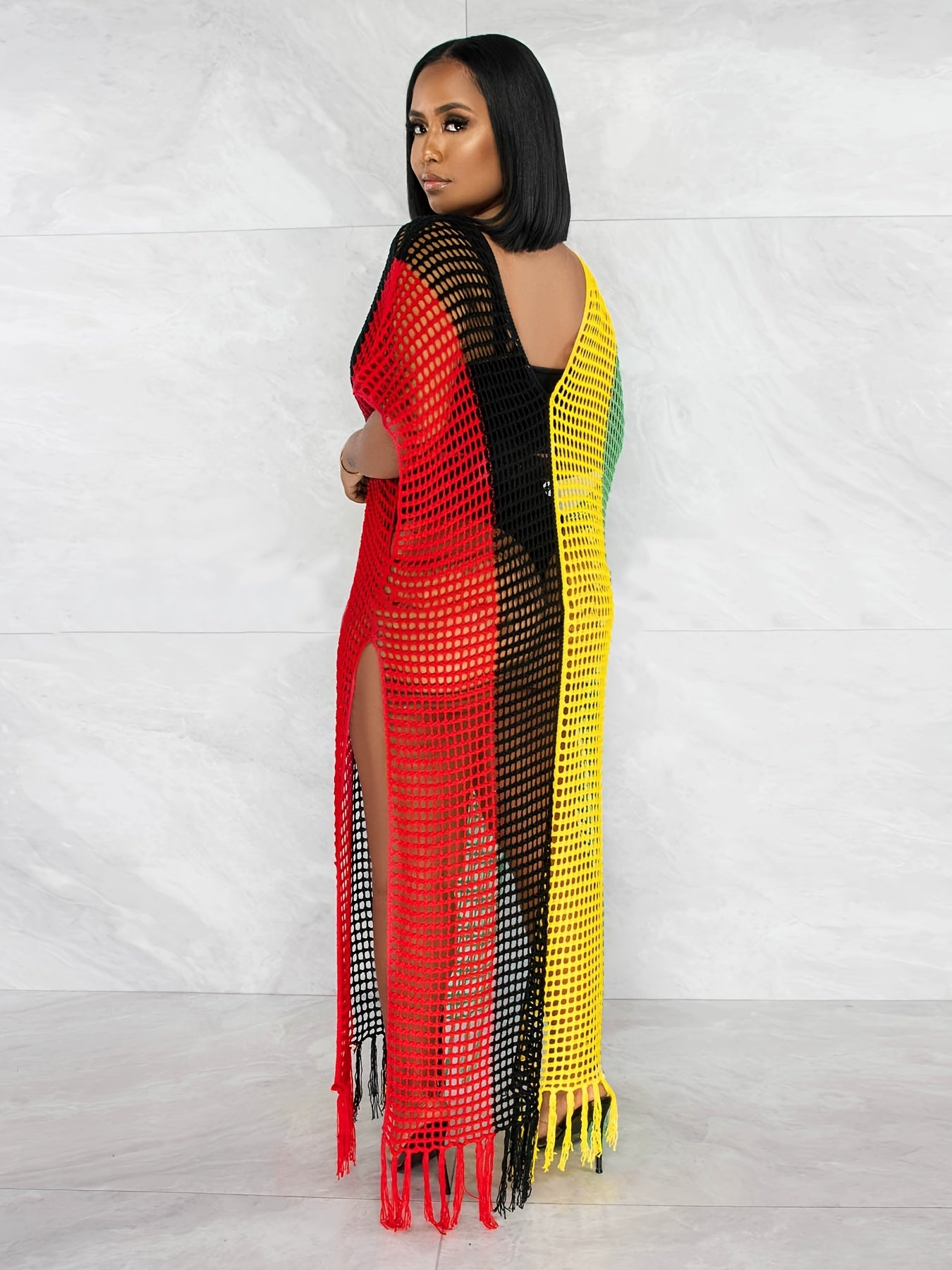 Women's Plus Size Knit Dress, Sexy Beach Cover-Up With Fringe Detail, Semi-Sheer Holiday Fashion