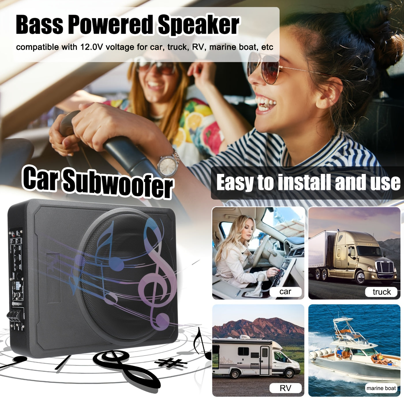 10 Inch 600W Car Subwoofer High Power Pure Bass Under-Seat Power Amplifiers Speaker 12 V For Car Truck RV, Without Battery