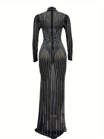 Rhinestone Split Hem Bodycon Asymmetrical Dress, Elegant Mock Neck Long Sleeve Dress For Wedding Party, Women's Clothing