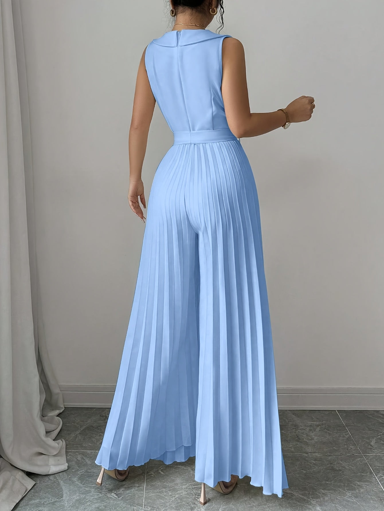 Elegant Apricot Double-Breasted Pleated Jumpsuit for Women - High-Waisted, Sleeveless, Polyester Blend, Perfect for Spring & Fall, Adult Size, Elegant Attire|Sleek Fitted Jumpsuit|Polyester Blend Jumpsui
