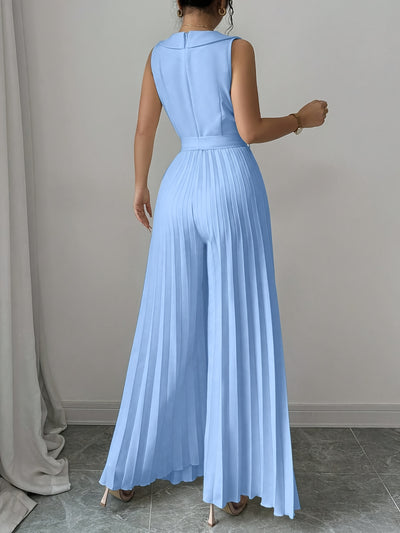 Elegant Apricot Double-Breasted Pleated Jumpsuit for Women - High-Waisted, Sleeveless, Polyester Blend, Perfect for Spring & Fall, Adult Size, Elegant Attire|Sleek Fitted Jumpsuit|Polyester Blend Jumpsui