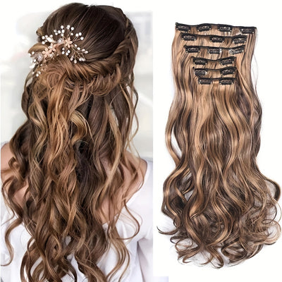 Heat Resistant 22 Inch Body Wave Clip-In Hair Extensions - 6 Pack of Double Weft Synthetic Hair for Women Hair Clips Hair Accessories Halloween Christmas