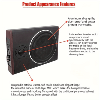 10 Inch 600 Car Audio Slim Under-Seat Subwoofer High Power Car Active Sub Bass Speaker Kit with Treble Function Built-in Power Amplifier for Car Truck SUV RV, Without Battery
