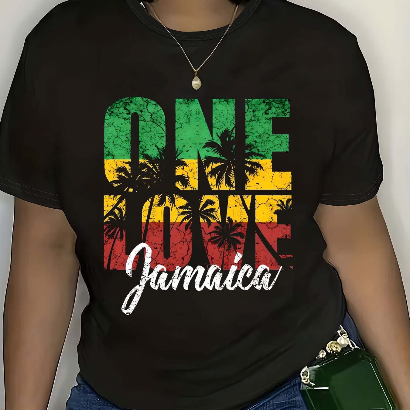 Jamaica-Inspired One Love Graphic T-Shirt, Polyester Blend, Casual Crew Neck Tee, Geometric Pattern, Short Sleeve, Slight Stretch, Knit Fabric, Regular Length Pullover for All Seasons