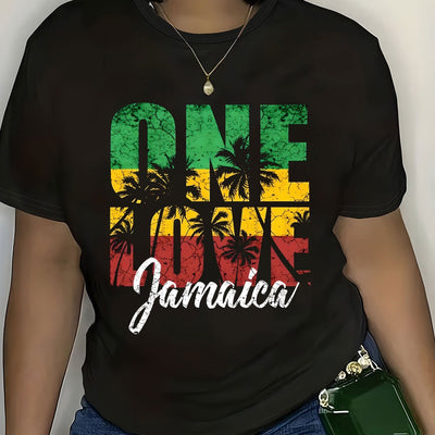 Jamaica-Inspired One Love Graphic T-Shirt, Polyester Blend, Casual Crew Neck Tee, Geometric Pattern, Short Sleeve, Slight Stretch, Knit Fabric, Regular Length Pullover for All Seasons