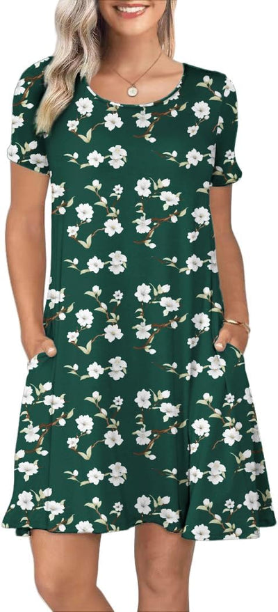 Women's Summer Casual Short Sleeve Crew Neck T Shirt Dresses Loose Swing with Pockets
