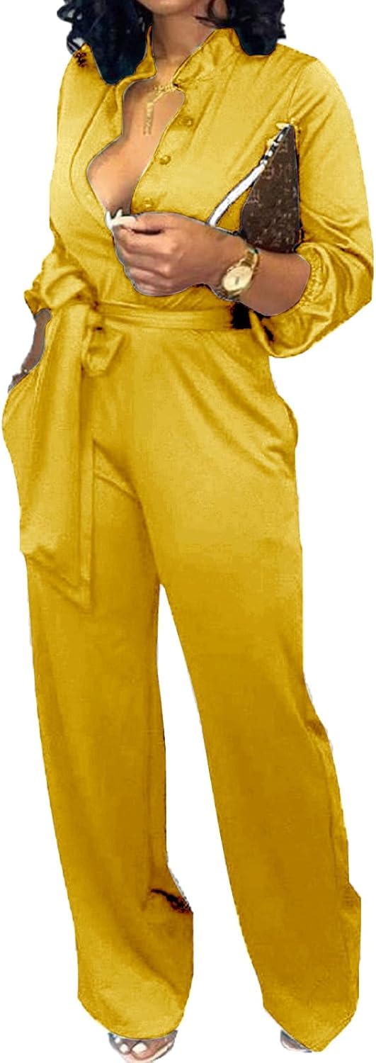 Women Jumpsuits Elegant Sexy V Neck Long Sleeve Casual for Work Wide Leg Pants with Pockets Belt