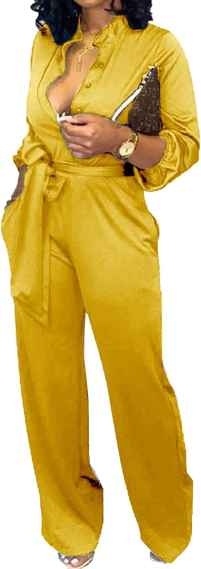 Women Jumpsuits Elegant Sexy V Neck Long Sleeve Casual for Work Wide Leg Pants with Pockets Belt
