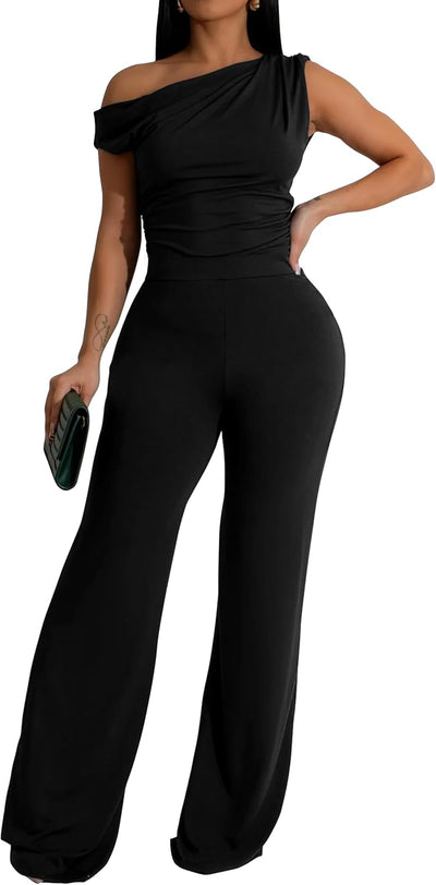 Women's One Off Shoulder Sleeveless Ruched High Waist Long Wide Leg Pants Jumpsuit