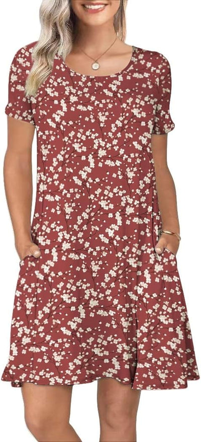Women's Summer Casual Short Sleeve Crew Neck T Shirt Dresses Loose Swing with Pockets