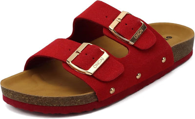 ONCAI Womens Flat Slide Sandals with Arch Support 2 Strap Adjustable Buckle Slip on Slides Shoes Non Slip Rubber Sole