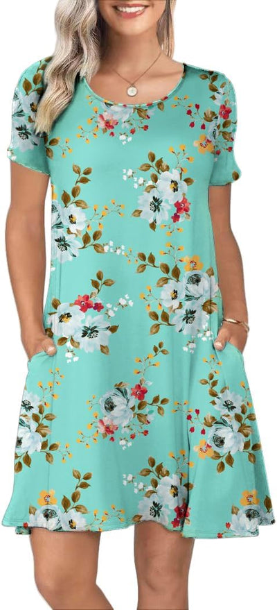 Women's Summer Casual Short Sleeve Crew Neck T Shirt Dresses Loose Swing with Pockets
